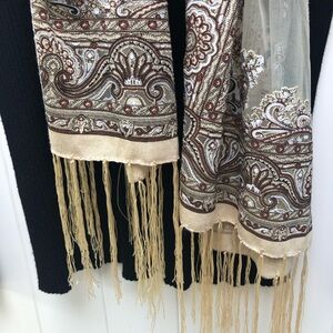 Boho Sheer Paisley Scarf Wrap with Fringe - Cream Brown - Silver Sparkle